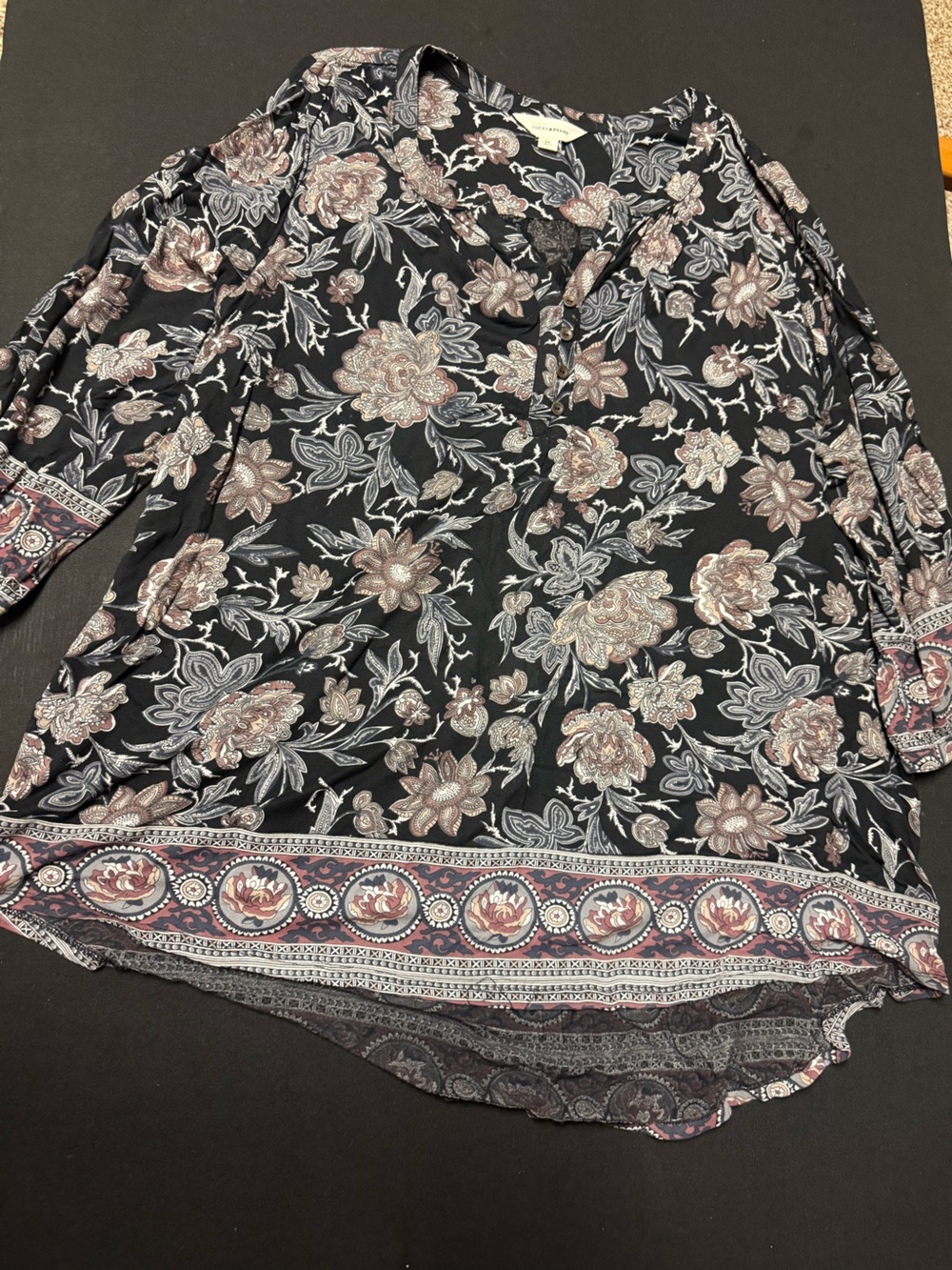 Lucky Brand Black Floral Border shirt with Rose and Cream Accents